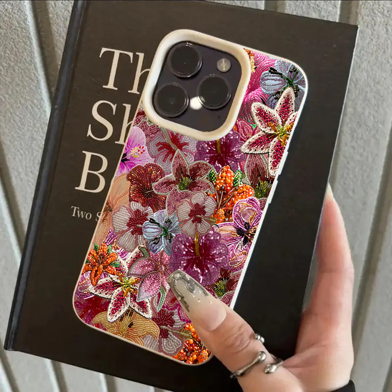 Phone Cases Luxury - Luxuriöse Perlen-Blumen-Handyhülle mit Litschi-Textur für iPhone